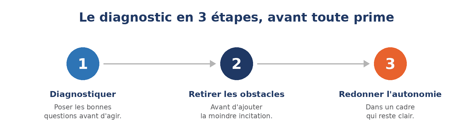 Schéma des 3 étapes du diagnostic : diagnostiquer, retirer les obstacles, redonner l'autonomie