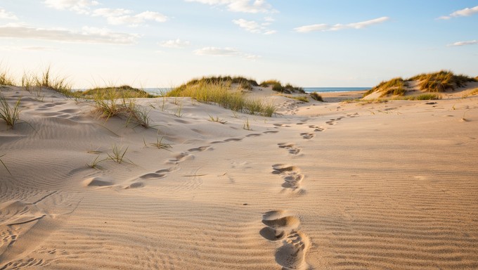 Petites empreintes de pas dans le sable doré, symbolisant la progression par petits pas